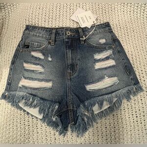 NWT KanCan Denim Shorts High Rise Light Color Thread Detail Fray Hem; Size 1/24